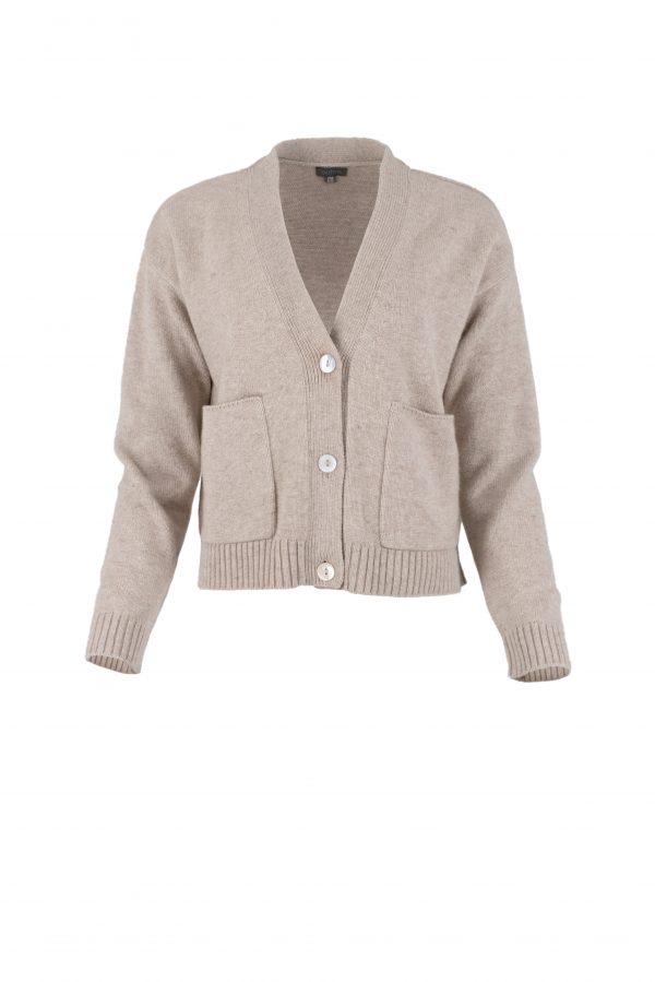 cardigan with buttons and 2 patched pockets in oatmeal colour front view