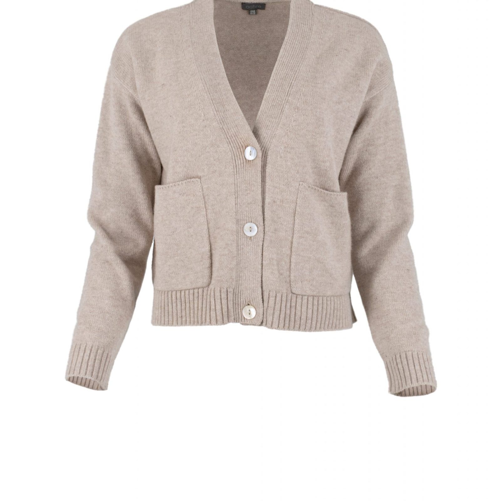 cardigan with buttons and 2 patched pockets in oatmeal colour front view