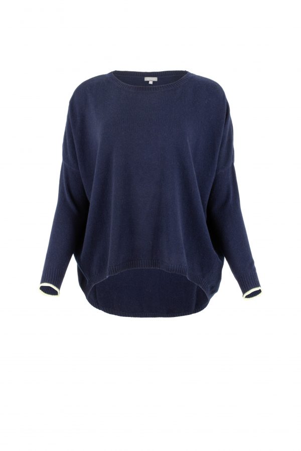 Mina-box-shape-jumper-navy-lime-colour-front-view-white - Ochre Knitwear jumper with long sleeves longer at back in navy colour front view