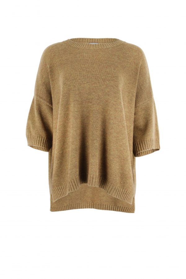 jumper with dropped shoulders in olive colour, front view.