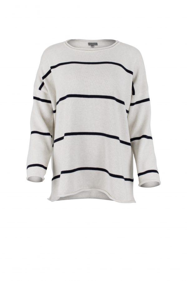 striped jumper with long sleeves in natural colour and navy stripes, front view
