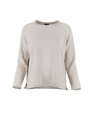 organic cotton jumper with long raglan sleeves, side slits in stone colour profile view