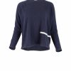 cotton sweater with round neck, long sleeves and contrast colour band on side of sweater in navy colour profile view
