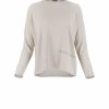 cotton sweater with round neck, long sleeves and contrast colour band on side of sweater in stone colour front view