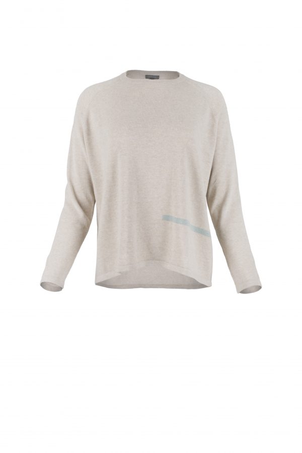 cotton sweater with round neck, long sleeves and contrast colour band on side of sweater in stone colour front view