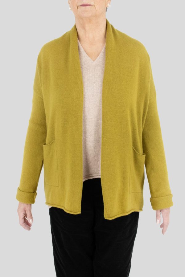 shawl collar cardigan in moss colour front view