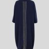 knitted dress, calf length with boat shaped neck 2 side pockets and 4 contrasting colour fine vertical stripes, back view