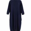 knitted dress, calf length with boat shaped neck 2 side pockets and 4 contrasting colour fine vertical stripes, front view