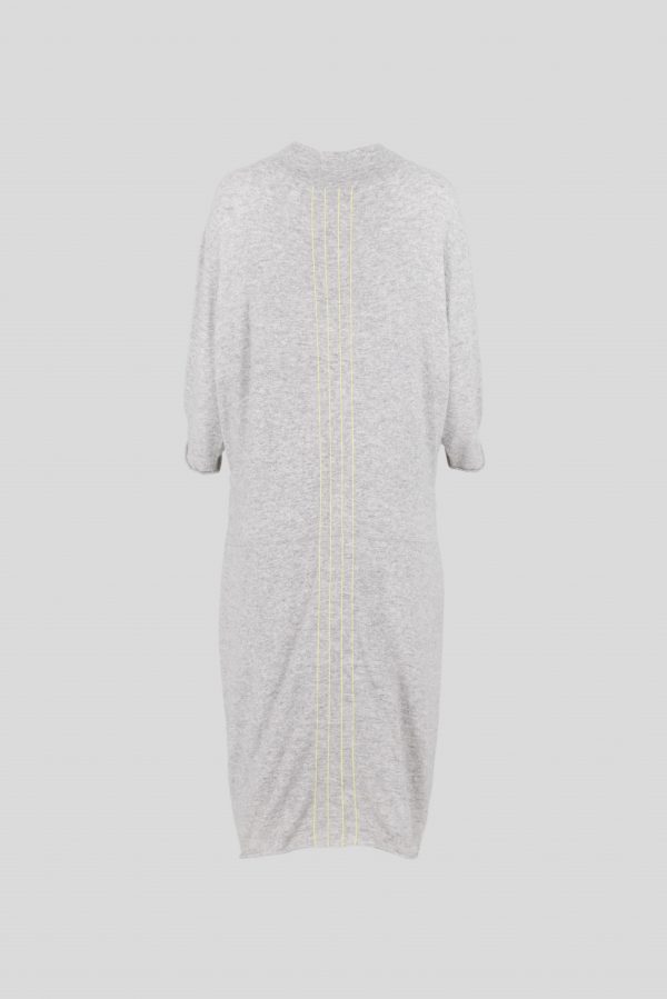 knitted dress, calf length with boat shaped neck 2 side pockets and 4 contrasting colour fine vertical stripes, back view