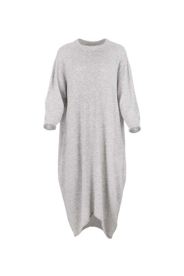 knitted dress, calf length with boat shaped neck 2 side pockets and 4 contrasting colour fine vertical stripes, front view