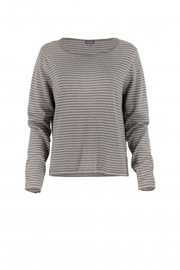 cotton striped jumper with long sleeve and side split in cappuccino and slate colour, front view