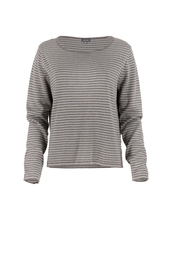 cotton striped jumper with long sleeve and side split in cappuccino and slate colour, front view