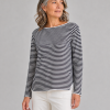 cotton striped jumper with long sleeve and side split in natural and navy colour, front view