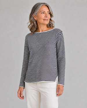 cotton striped jumper with long sleeve and side split in natural and navy colour, front view
