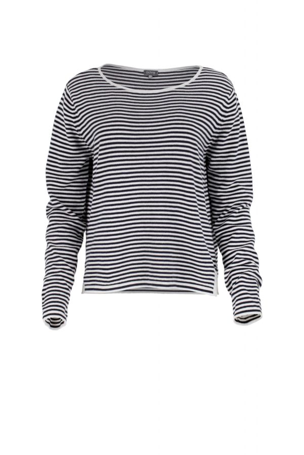 cotton striped jumper with long sleeve and side split in natural and navy colour, front view