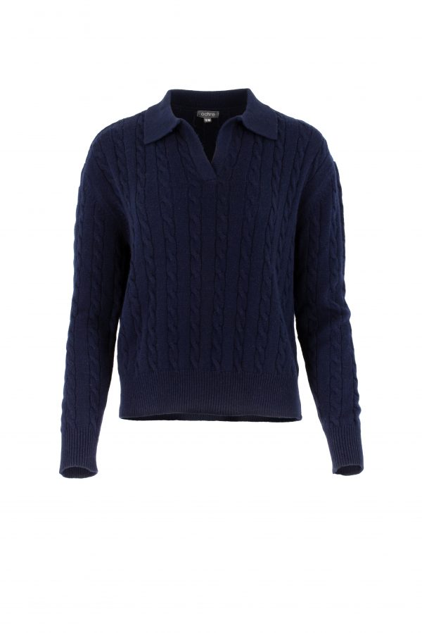 cable jumper with long sleeves and collar in navy colour, front view