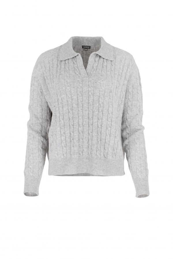 cable jumper with long sleeves and collar in silver colour, front view