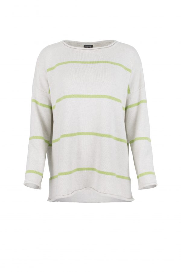 striped jumper with long sleeves in natural colour with lime stripes, front view