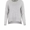 sweater with long sleeves, longer at the back and side slits in grey colour, front view
