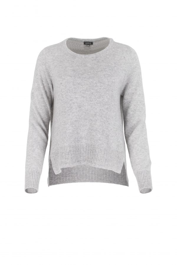 sweater with long sleeves, longer at the back and side slits in grey colour, front view