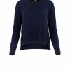 sweater with long sleeves, longer at the back and side slits in navy colour, front view