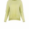 sweater with long sleeves, longer at the back and side slits in lime colour, front view