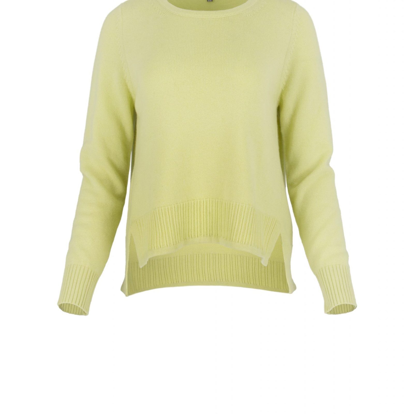 sweater with long sleeves, longer at the back and side slits in lime colour, front view