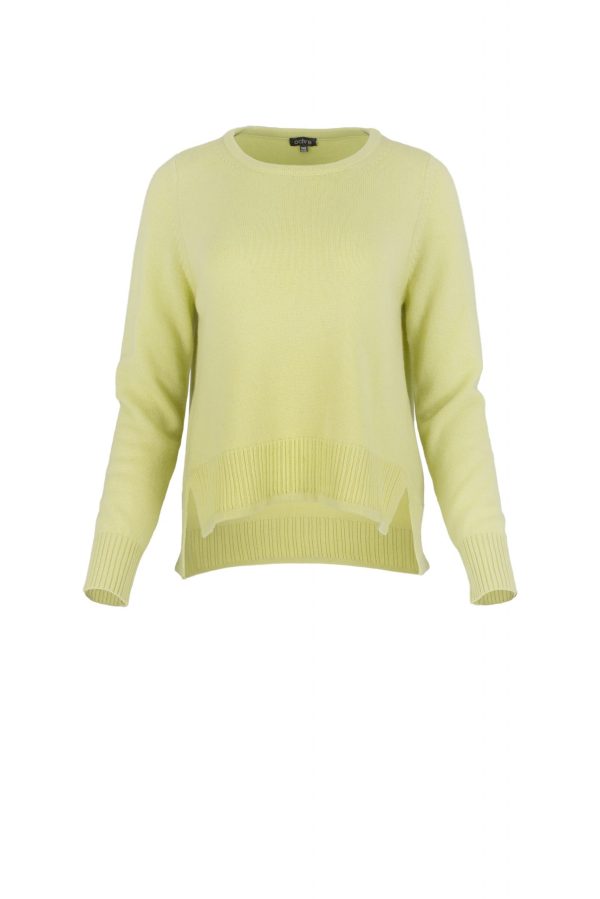 sweater with long sleeves, longer at the back and side slits in lime colour, front view