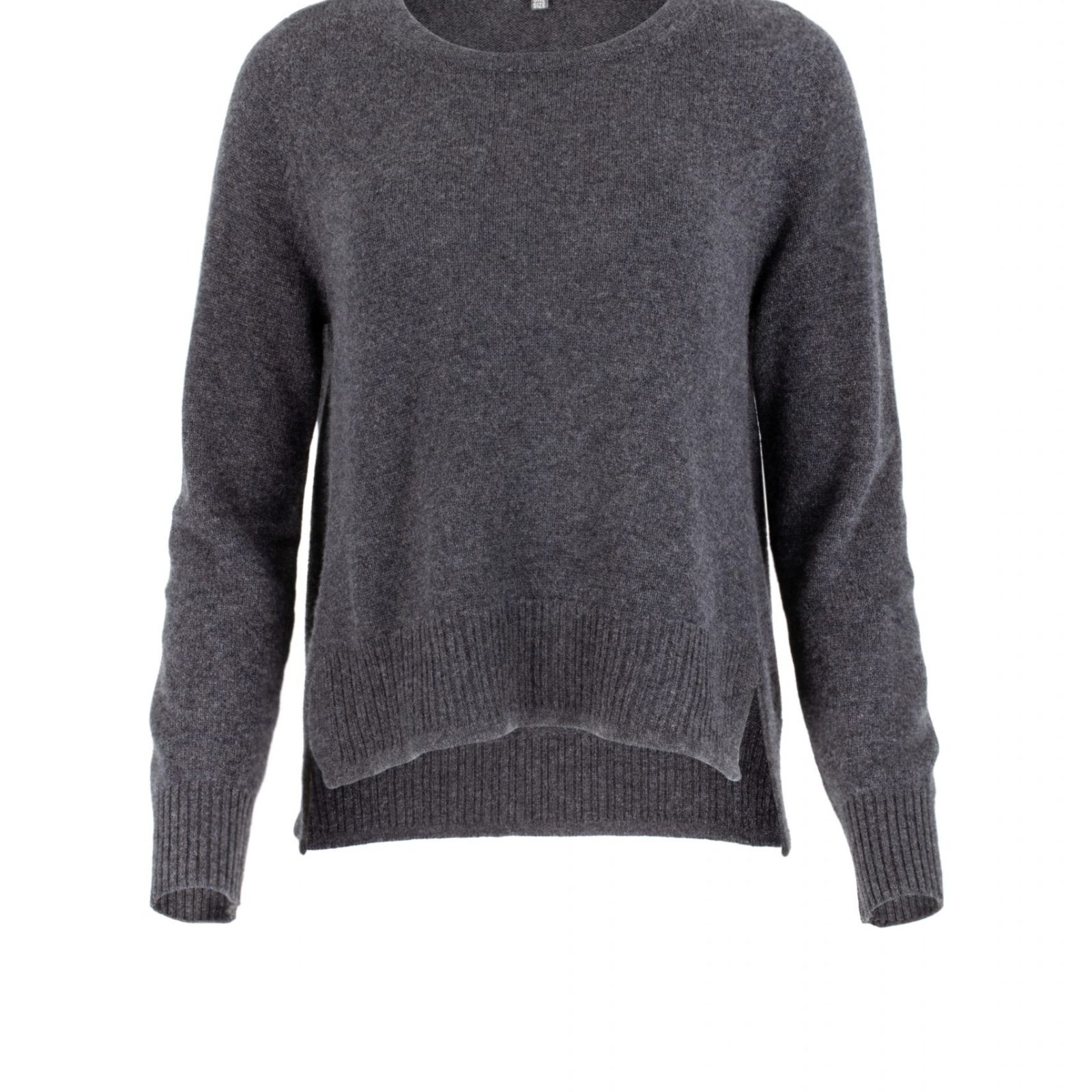 sweater with long sleeves, longer at the back and side slits in graphite colour, front view