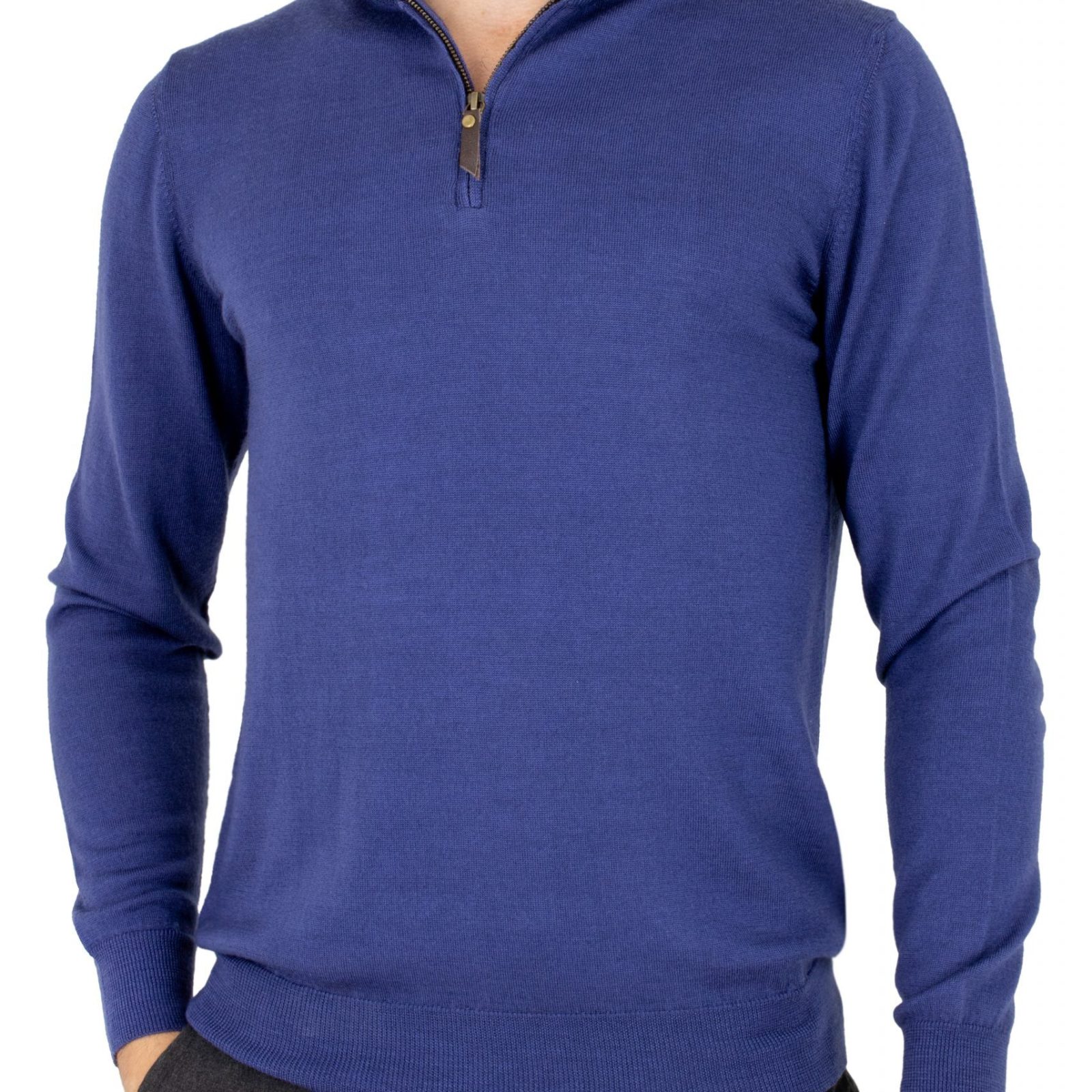 Miles-men’s-merino-zip-neck-jumper-ink - Ochre Knitwear men’s merino zip neck jumper with long sleeves in ink colour, front view