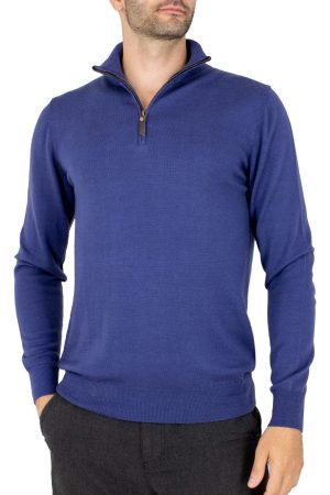 men’s merino zip neck jumper with long sleeves in ink colour, front view