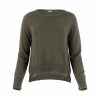sweater with long sleeves, longer at the back and side slits in green colour, front view