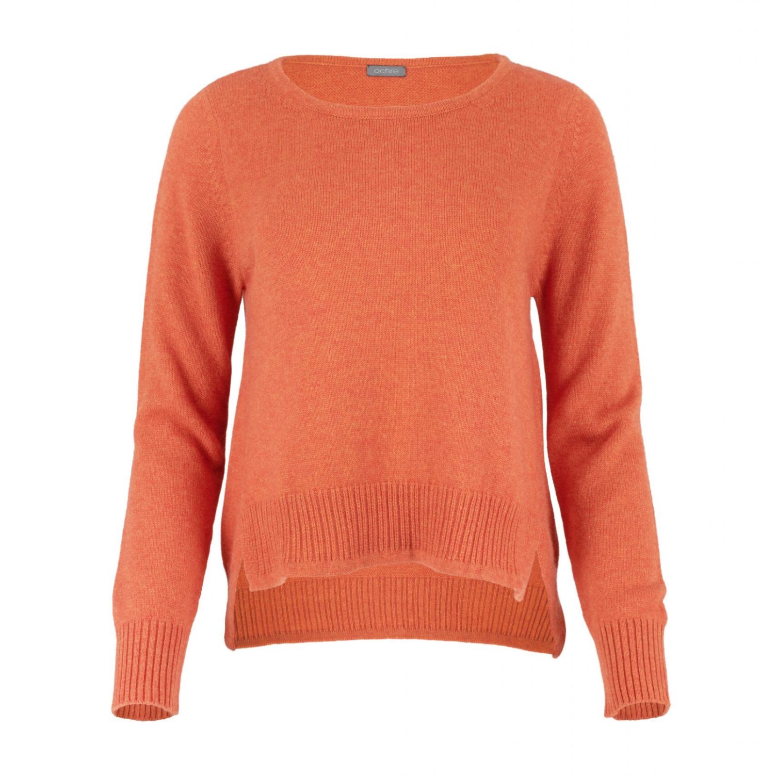 sweater with long sleeves, longer at the back and side slits in flame colour, front view