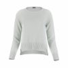 sweater with long sleeves, longer at the back and side slits in mist colour, front view