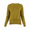 sweater with long sleeves, longer at the back and side slits in moss colour, front view