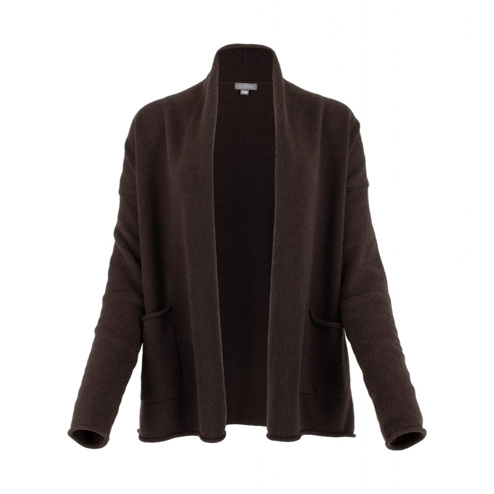 shawl collar cardigan in bitter chocolate colour front view