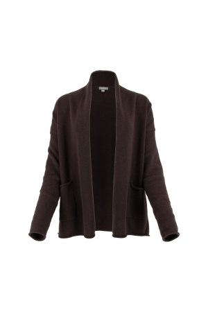 shawl collar cardigan in bitter chocolate colour front view