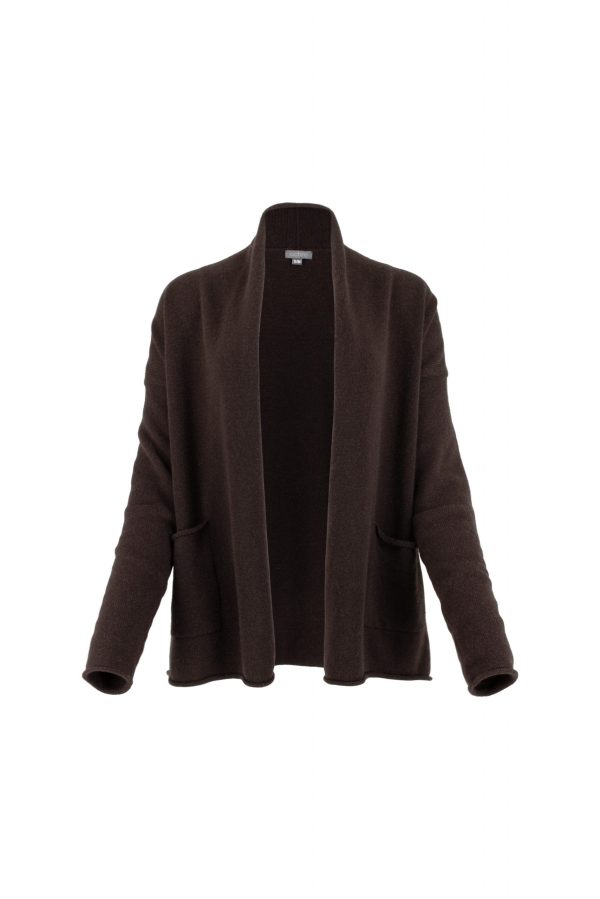 shawl collar cardigan in bitter chocolate colour front view