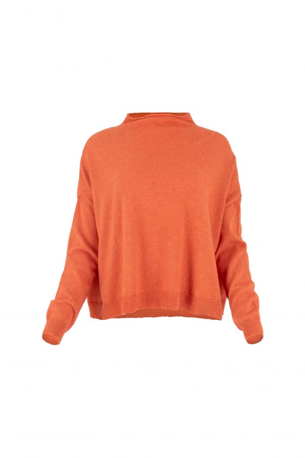 Erin-cowl-neck-jumper-flame-colour-front-view - Ochre Knitwear A cowl neck jumper with long sleeves in a flame colour, viewed from the front.