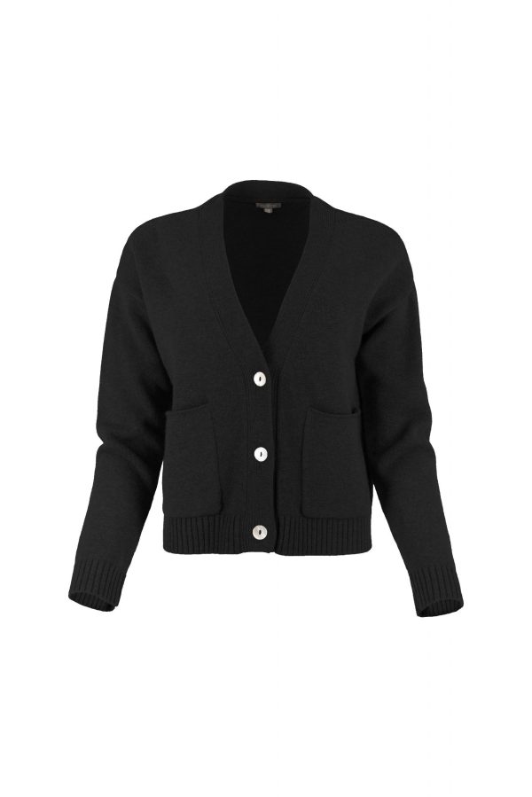 cardigan with buttons and 2 patched pockets in black colour front view