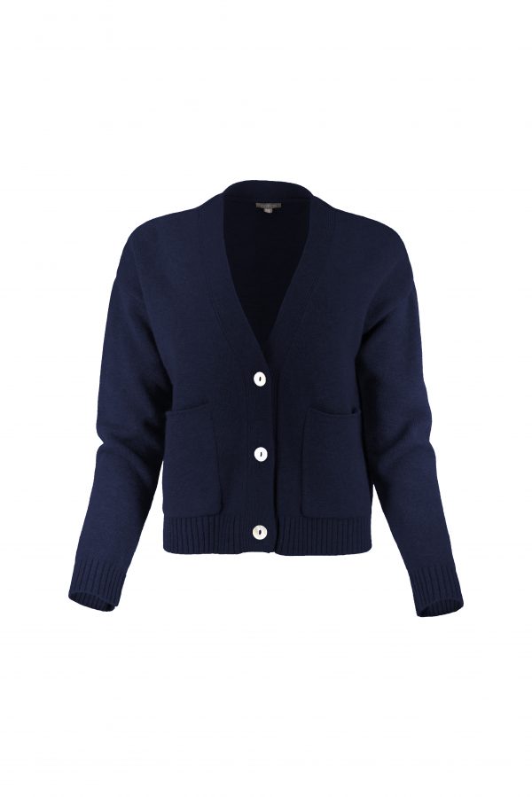 cardigan with buttons and 2 patched pockets in navy colour front view