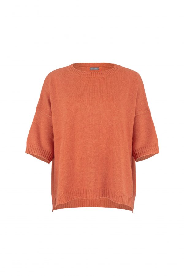 a jumper featuring dropped shoulders, presented in a vibrant flame colour, and shown from the front view