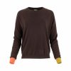 jumper with long sleeves, a round neck, and contrasting cuffs, presented in a front view and featuring a colour palette of bitter chocolate, moss, and flame