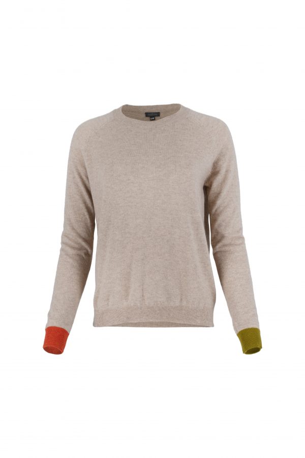 jumper with long sleeves, a round neck, and contrasting cuffs, presented in a front view and featuring a colour palette of oatmeal, moss, and flame