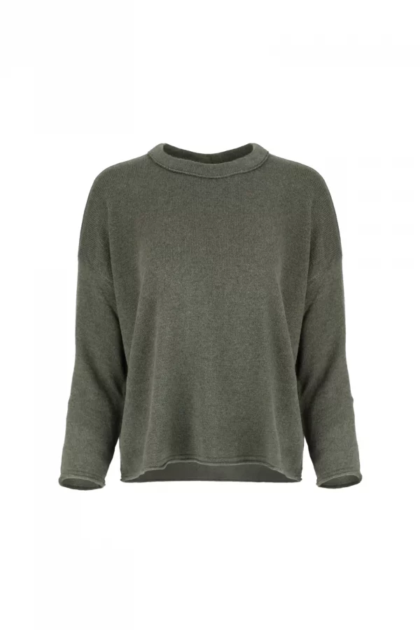 boat neck jumper with long sleeves in fir green colour, front view