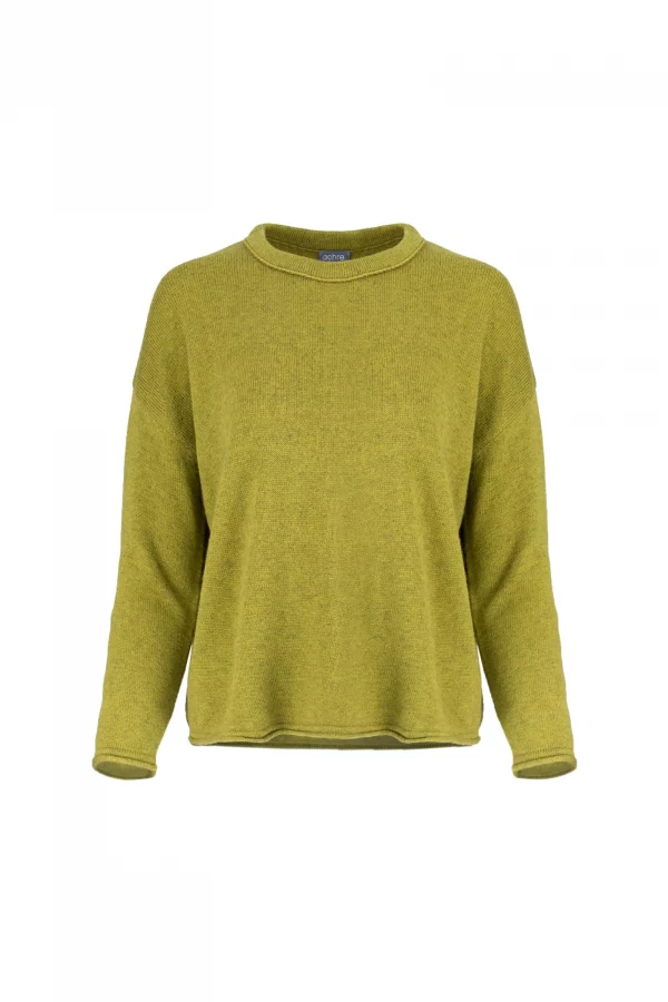 boat neck jumper with long sleeves in moss marl colour, front view