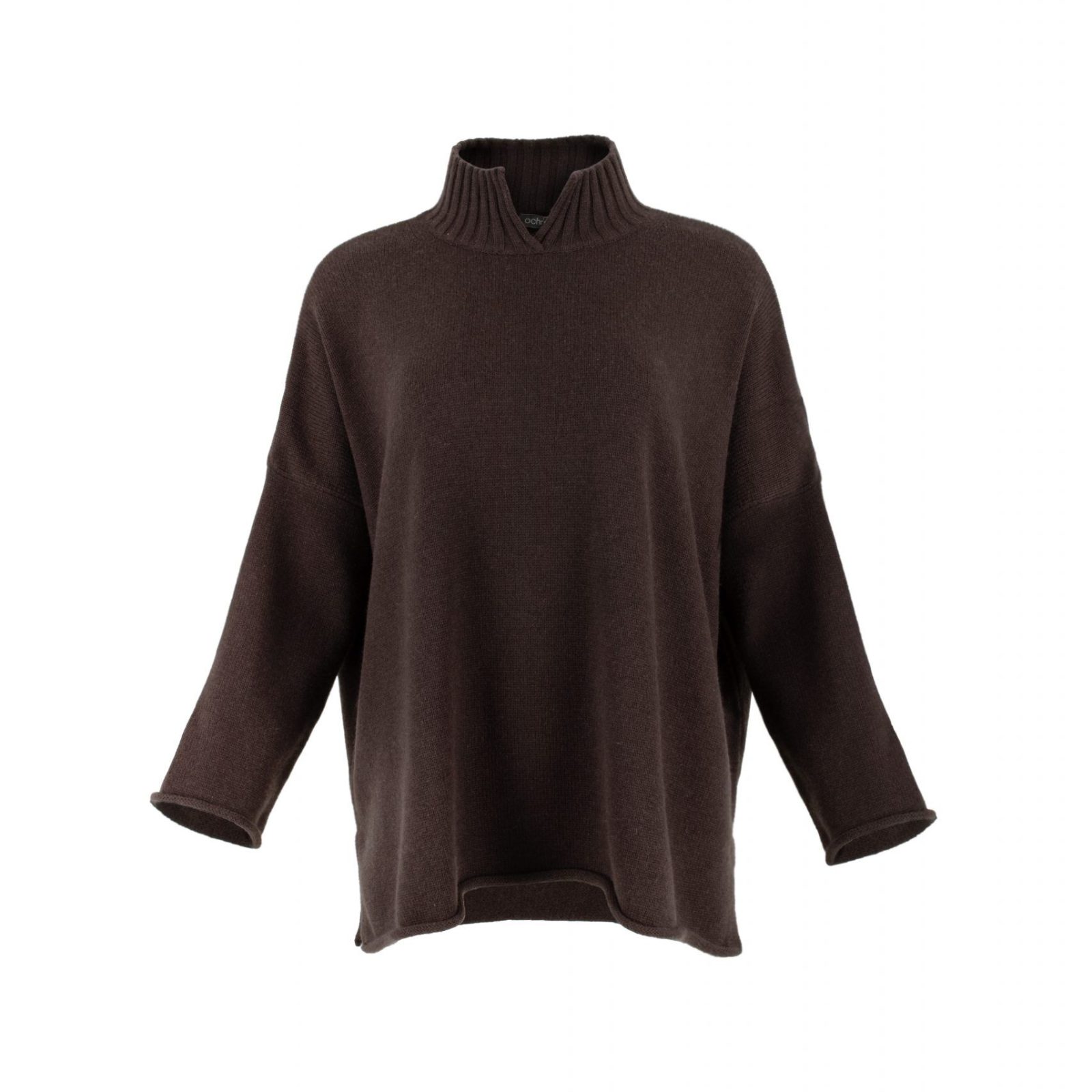 an oversized jumper featuring long sleeves, a high ribbed neckline, and a center front opening, presented in a chocolate colour, viewed from the front