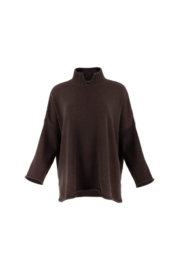 an oversized jumper featuring long sleeves, a high ribbed neckline, and a center front opening, presented in a chocolate colour, viewed from the front
