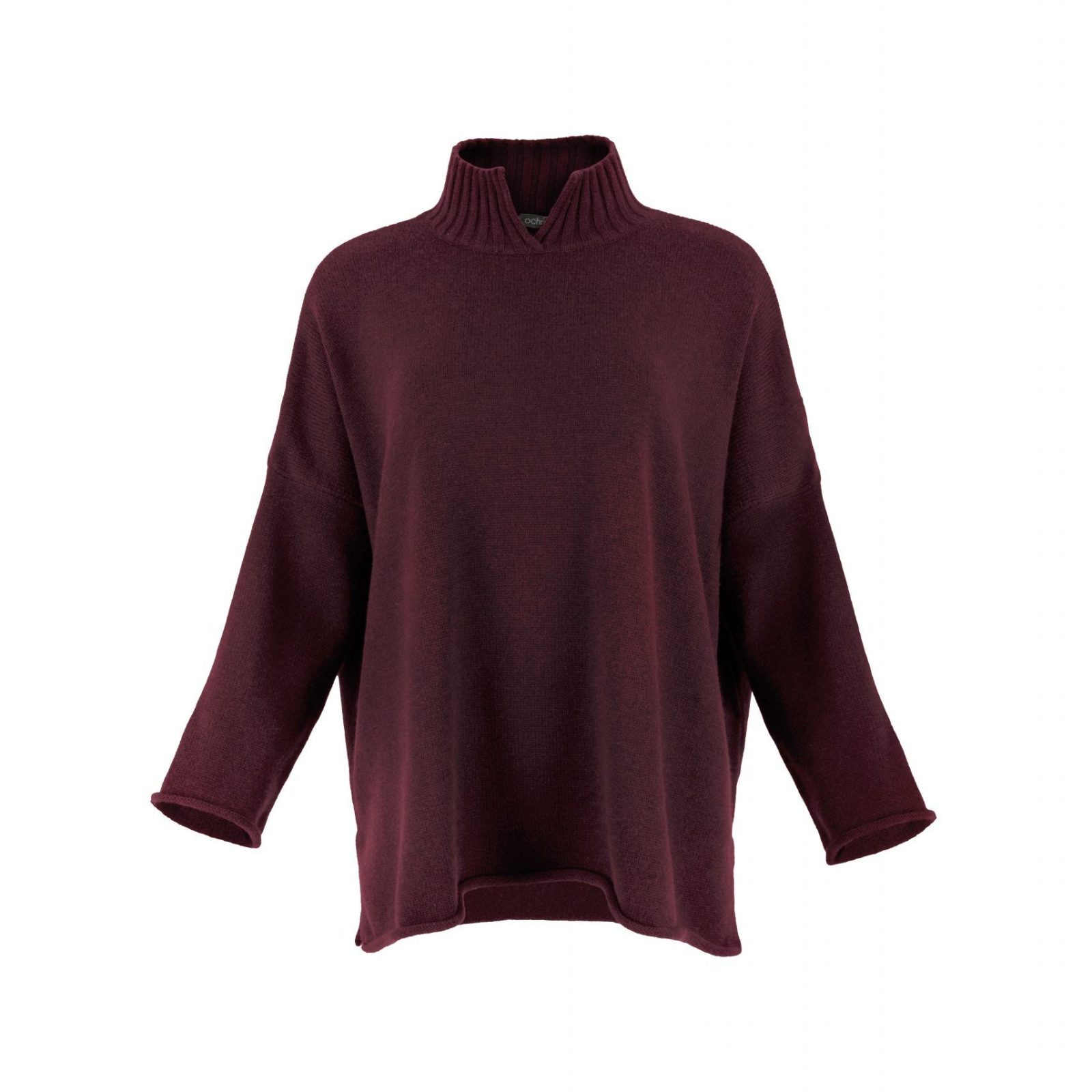 an oversized jumper featuring long sleeves, a high ribbed neckline, and a center front opening, presented in a burgundy colour, viewed from the front