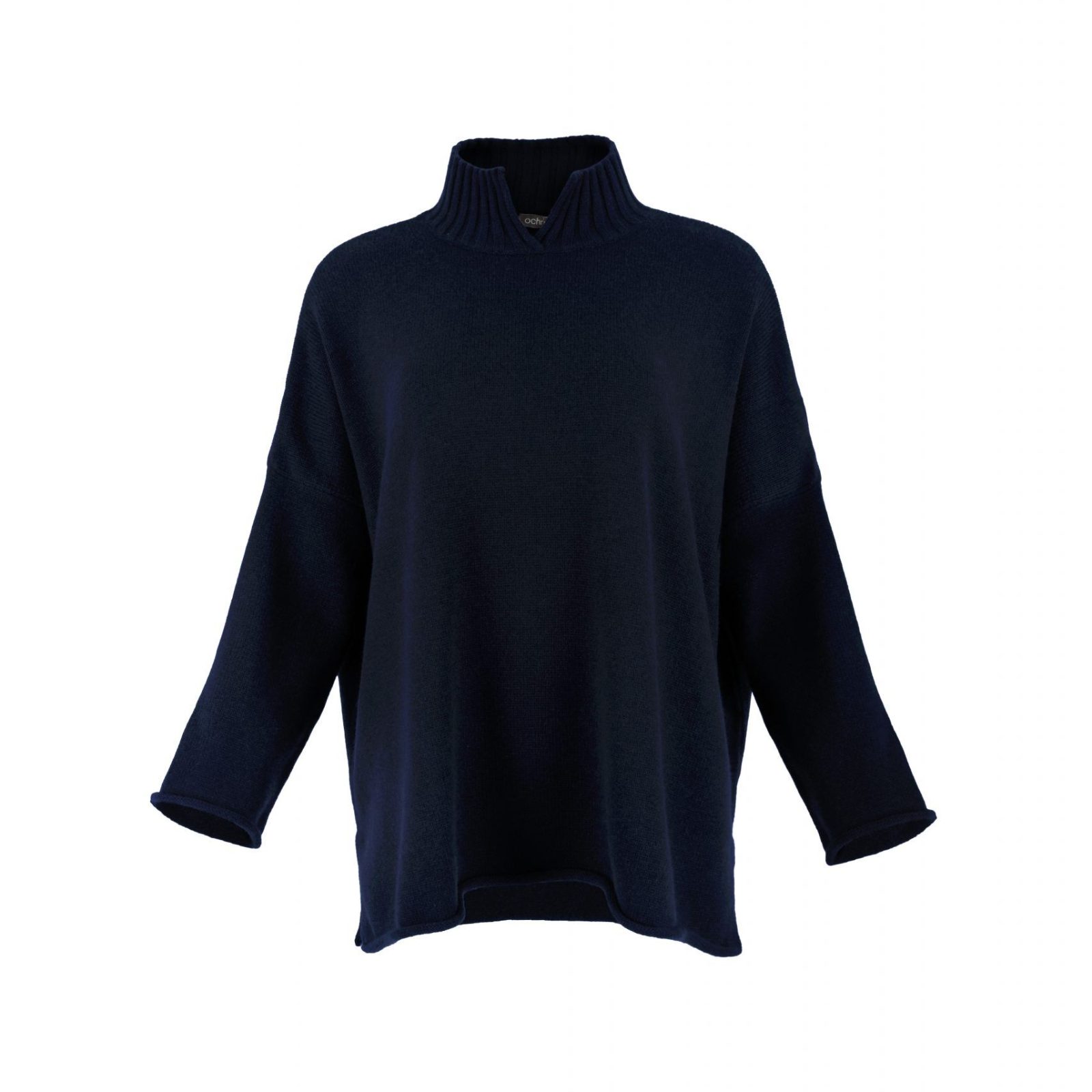 an oversized jumper featuring long sleeves, a high ribbed neckline, and a center front opening, presented in a navy colour, viewed from the front